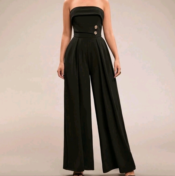 Women's Plain Black Sleeveless Jumpsuit With Metallic Button, Slim Fit Wide Leg - Picture 4 of 4